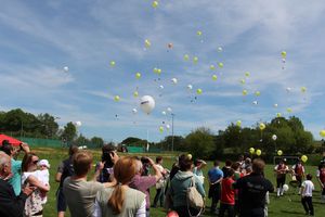 Bei der Eröffnung des Schulfreiraums in Maria Laach werden Luftballons in den Himmel steigen gelassen.